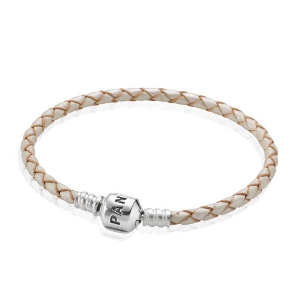 Pandora Champagne White Braided Leather Bracelet, Size 7 1/2"